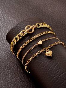 4 件/套時尚簡約歐美風格鍍金幾何連結和心形裝飾手鍊套裝,適合女士日常珠寶佩戴 - 金黃色 - 查看 2