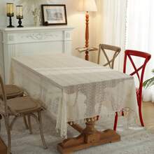 復古蕾絲流蘇中空桌布手工編織鄉村北歐風格婚禮派對桌套 - 鏤空銅錢-淺黃 - 查看 4