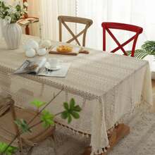 復古蕾絲流蘇中空桌布手工編織鄉村北歐風格婚禮派對桌套 - 鏤空銅錢-淺黃 - 查看 3