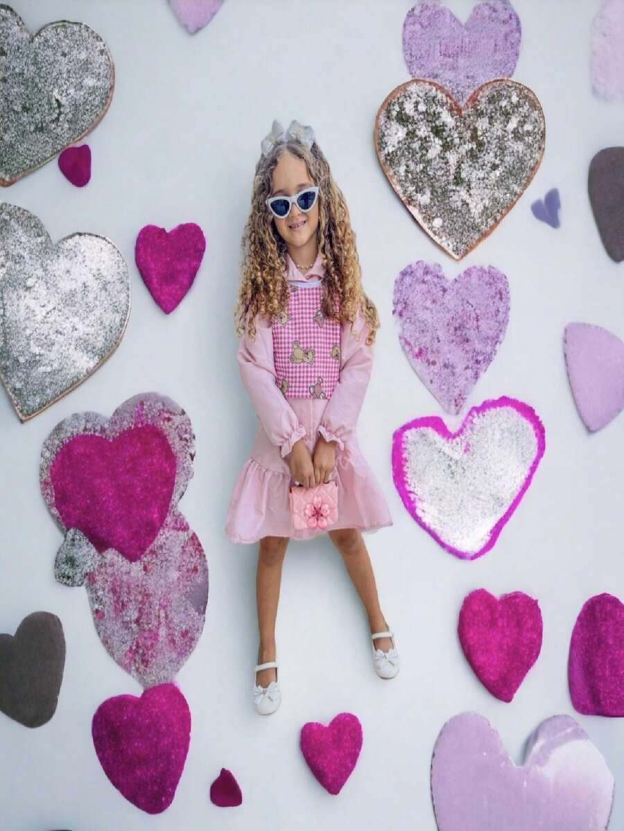 Camisa Infantil Vestido De Niña Rosa Con Chaleco De Oso De Peluche - Rosa Pálido - Ver 1