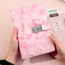 女孩和女性用大理石鎖定日記，A5鎖定式秘密日記192頁防水女孩鎖定式日記與筆，密碼鎖定日記本(適用於青少年學生、文具、學校用品) - 粉色 - 查看 2