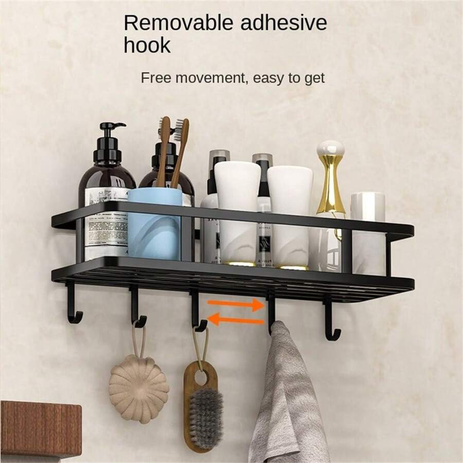 1入牆掛浴室收納架,免鑽孔浴室懸掛式架子,不鏽鋼浴室盤,廁所用品收納籃,洗髮水沐浴露架組織者,浴室配件 - 黑色 - 查看 1