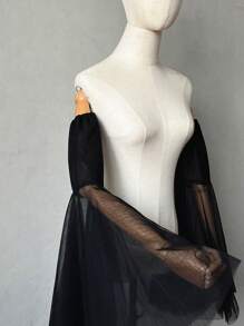 1 件黑色网眼新娘袖，带可拆卸喇叭袖和 2 件弹性新娘短袖秋季女士服装 - 黑色 - 查看 2