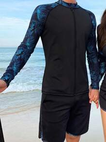 男款熱帶風格長袖長褲潛水衣，適合衝浪和游泳 - 藍色 - 查看 6