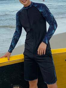 男款熱帶風格長袖長褲潛水衣，適合衝浪和游泳 - 藍色 - 查看 3