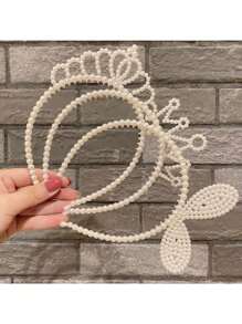 1pc Forest-Inspired Faux Pearl Headband With Princess Crown, Simple And Versatile Hair Accessory With Teeth Clips - White - View 3