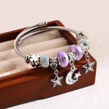 1pc Women'S Fashionable Alloy Beaded Bracelet With Adjustable Stainless Steel Chain, Star & Moon Pendant, Suitable For Daily Wear - Purple - View 2