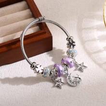 1pc Women'S Fashionable Alloy Beaded Bracelet With Adjustable Stainless Steel Chain, Star & Moon Pendant, Suitable For Daily Wear - Purple - View 4