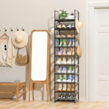 10 Tier Tall Shoe Rack Organizer For Closet Entryway, 20-24 Pair Shoe Boot Storage Rack, Narrow Metal Shoe Shelf Small Vertical Stackable Shoe Stand For Bedroom Corner With 2 Hooks PP Gaskets