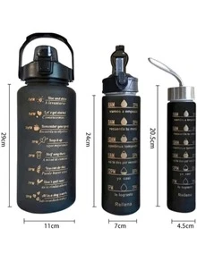 Vaso Motivacional Trio Gym 3 Piezas 2 Litros, 900ml y 300ml Libre de BPA Antifugas Botella para Gym Café Original - Negro - Ver 3