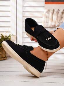 Ladies' Metal Buckle Decoration Simple Suede Comfortable Shallow Slip-On Flat Loafers With Casual Style For Indoors, Home, Work, Fall-Winter Season, Black - Black - View 1