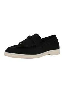 Ladies' Metal Buckle Decoration Simple Suede Comfortable Shallow Slip-On Flat Loafers With Casual Style For Indoors, Home, Work, Fall-Winter Season, Black - Black - View 7