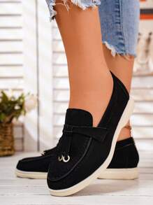 Ladies' Metal Buckle Decoration Simple Suede Comfortable Shallow Slip-On Flat Loafers With Casual Style For Indoors, Home, Work, Fall-Winter Season, Black - Black - View 4