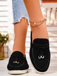 Ladies' Metal Buckle Decoration Simple Suede Comfortable Shallow Slip-On Flat Loafers With Casual Style For Indoors, Home, Work, Fall-Winter Season, Black - Black - View 5