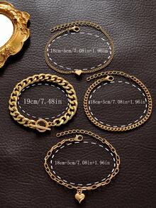 4 件/套時尚簡約歐美風格鍍金幾何連結和心形裝飾手鍊套裝,適合女士日常珠寶佩戴 - 金黃色 - 查看 7
