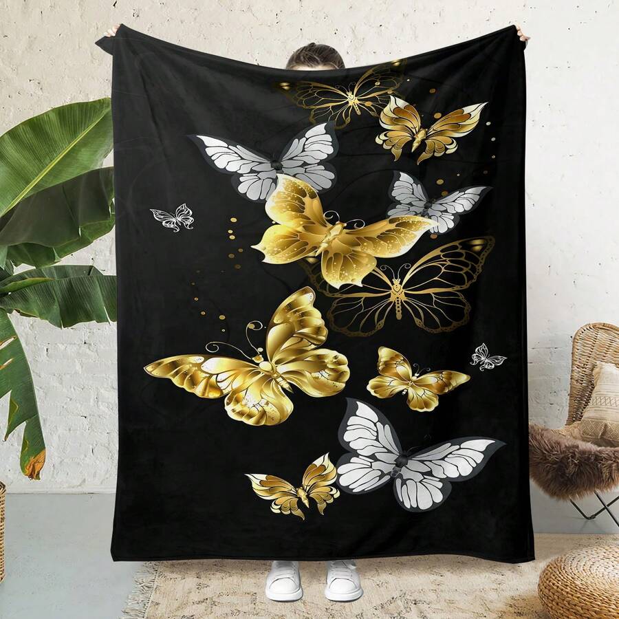 1pc Butterfly Printed Flannel Blanket, Soft And Warm Abstract Pattern Sofa Blanket, Suitable For All Seasons As An Air Conditioning Blanket, Bed Blanket - Multicolor - View 1