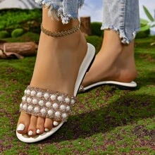 女士圓頭時尚風拖鞋,大尺碼平底鞋,適用於春夏季節 - 米色 - 查看 5