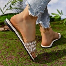 女士圓頭時尚風拖鞋,大尺碼平底鞋,適用於春夏季節 - 米色 - 查看 6