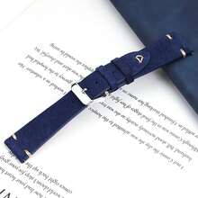 復古手工縫製手錶表帶20mm 22mm小腰休閒牛皮絨面皮帶 - 寶藍色 - 查看 1