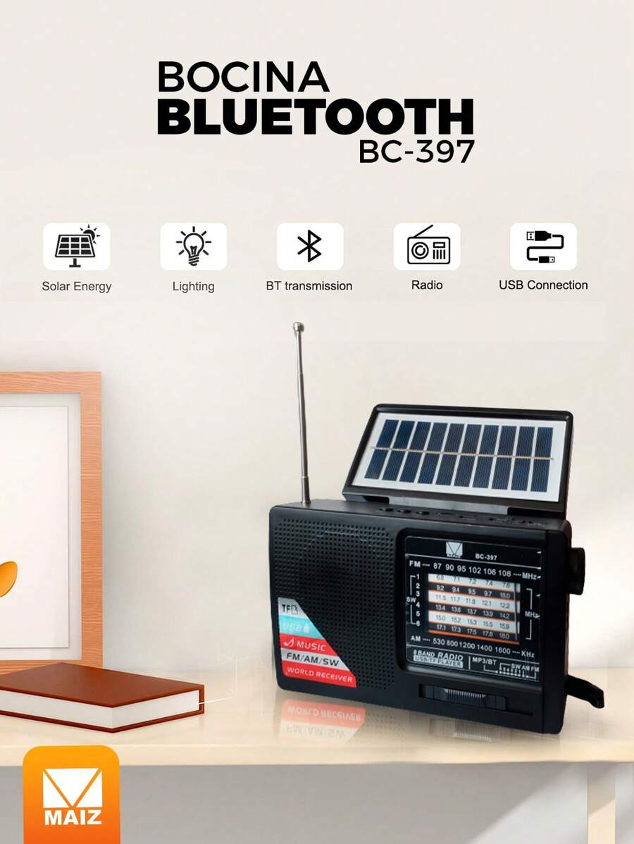 BOCINA BLUETOOTH RADIO FM CON PANEL SOLAR - Negro - Ver 1