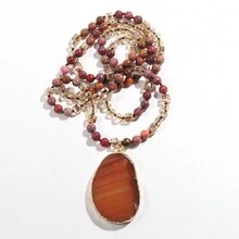 全新時尚波西米亞風格 6 毫米天然石材和玻璃珠混合打結項鍊帶條紋瑪瑙水滴吊墜,適合女士日常佩戴 - 紅色 - 查看 3
