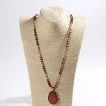 全新時尚波西米亞風格 6 毫米天然石材和玻璃珠混合打結項鍊帶條紋瑪瑙水滴吊墜,適合女士日常佩戴 - 紅色 - 查看 7