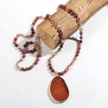全新時尚波西米亞風格 6 毫米天然石材和玻璃珠混合打結項鍊帶條紋瑪瑙水滴吊墜,適合女士日常佩戴 - 紅色 - 查看 2