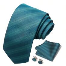AlanKing 1set Striped Tie, Hanky, Cufflinks Gift Box For Men, Blue Color, 7.5 Cm Width, Suitable For Festival, Wedding, Work - HB279 - View 4