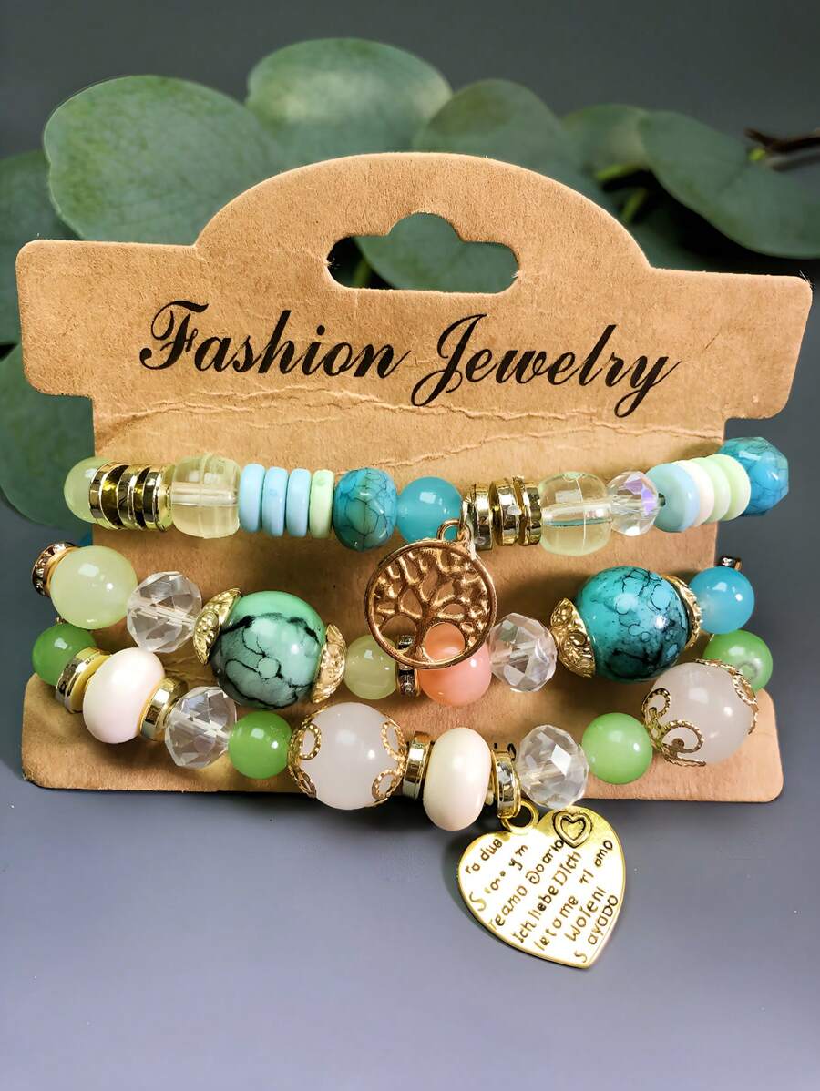 3 件/套時尚個性化鬆緊繩串珠手鍊,鏤空設計樹吊墜,愛情和英文字符板吊飾,可調節,女士禮物,聖誕禮物,具有紀念意義 - 0072 - 查看 1