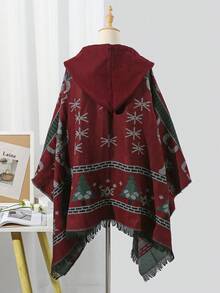 1件女士雪花和鹿印花耶誕風格保暖披風,適用於寒冬氛圍和拍照 - 酒紅色 - 查看 7