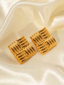 Uworld 1pair High-End Fashion Personalized Earrings, 18k Gold Plated Stainless Steel Square Textured Ear Studs Elegance Accessories