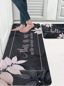 1pc Fashionable Leaf & Letter Printed Kitchen Mat, Crystal Velvet Rectangle Soft Anti-Slip Absorbent Floor Mat For Living Room Home Use ,Room Decor - Multicolor - View 3