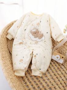 YOUQi 嬰兒男童熊拼貼卡通印花連身衣 - 杏色 - 查看 1