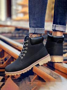 春秋新款時尚男士繫帶黑色皮靴摩托車靴大黃靴工作鞋高筒切爾西靴男鞋男士靴子平底靴短靴短靴踝靴潮流鞋 - 黑色 - 查看 3