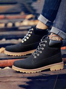 春秋新款時尚男士繫帶黑色皮靴摩托車靴大黃靴工作鞋高筒切爾西靴男鞋男士靴子平底靴短靴短靴踝靴潮流鞋 - 黑色 - 查看 4