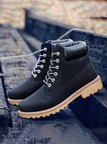 春秋新款時尚男士繫帶黑色皮靴摩托車靴大黃靴工作鞋高筒切爾西靴男鞋男士靴子平底靴短靴短靴踝靴潮流鞋 - 黑色 - 查看 2