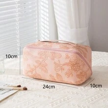 1pc Large Capacity Pu Leather Cosmetic Bag, Multifunctional Waterproof Toiletry Organizer, Embossed Floral Pattern, Makeup Tool Travel Case - Pink - View 3