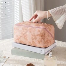 1pc Large Capacity Pu Leather Cosmetic Bag, Multifunctional Waterproof Toiletry Organizer, Embossed Floral Pattern, Makeup Tool Travel Case - Pink - View 5