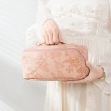 1pc Large Capacity Pu Leather Cosmetic Bag, Multifunctional Waterproof Toiletry Organizer, Embossed Floral Pattern, Makeup Tool Travel Case - Pink - View 2