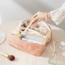 1pc Large Capacity Pu Leather Cosmetic Bag, Multifunctional Waterproof Toiletry Organizer, Embossed Floral Pattern, Makeup Tool Travel Case - Pink - View 4