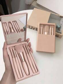 5pcs Portable Makeup Brush Set With Storage Box And Mirror,Small Complete Function Cosmetic Brushes Kit, Easy-Taken Mini Makeup Brush Set With Case And Mirror, Perfect For On The Go Travel Makeup Organizer Makeup Storage Bag Mini Pouch Travel Small Makeup Case Accessories Make Up Holder Brush Bag Make Up Container Cosmetic Bag Travel Essentials Ladies Accessories Travelling Stuff Makeup Bag Makeup Bags Makeup Pouch Make Up Pouch - Apricot - View 3