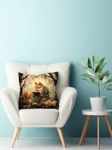 1 件復古狐狸閱讀書籍圖案抱枕套,童話插畫風格,四個季節,無枕芯 - 棕色 - 查看 3