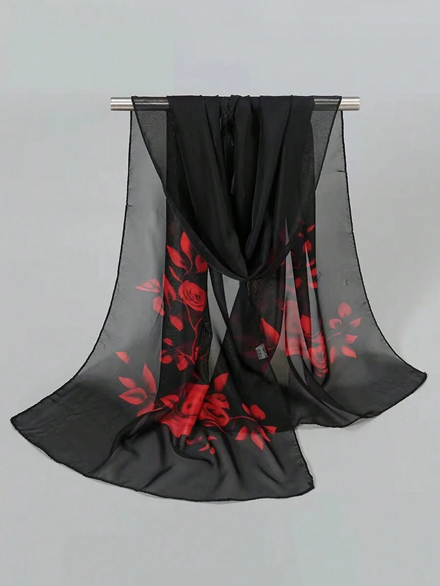 1pc Spring New Arrival Printed Chiffon Scarf, Sunscreen And Daily Use Elegant Winter Fall Valentine's Day Valentines - Black - View 1