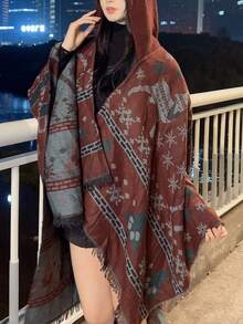 1件女士雪花和鹿印花耶誕風格保暖披風,適用於寒冬氛圍和拍照 - 酒紅色 - 查看 2