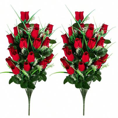 1/2PCS Red Artificial Flower Cemetery Flowers Outdoor Grave Decorations Roses Beautiful Arrangements Bouquet Lasting And Non-Bleed Colors Outdoor Memorials Memorial Flowers, Valentine Day, Gift