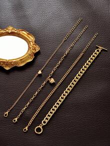 4 件/套時尚簡約歐美風格鍍金幾何連結和心形裝飾手鍊套裝,適合女士日常珠寶佩戴 - 金黃色 - 查看 5