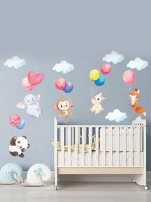 mama look 2入組卡通動物主題牆貼,包括大象、猴子和氣球,適用於兒童寢室和客廳,自粘式 - 玫紅色 - 查看 3