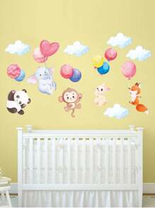 mama look 2入組卡通動物主題牆貼,包括大象、猴子和氣球,適用於兒童寢室和客廳,自粘式 - 玫紅色 - 查看 1