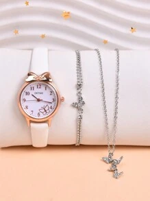 3入組粉色蝴蝶學生手表,女孩石英手腕表附手鍊和項鍊