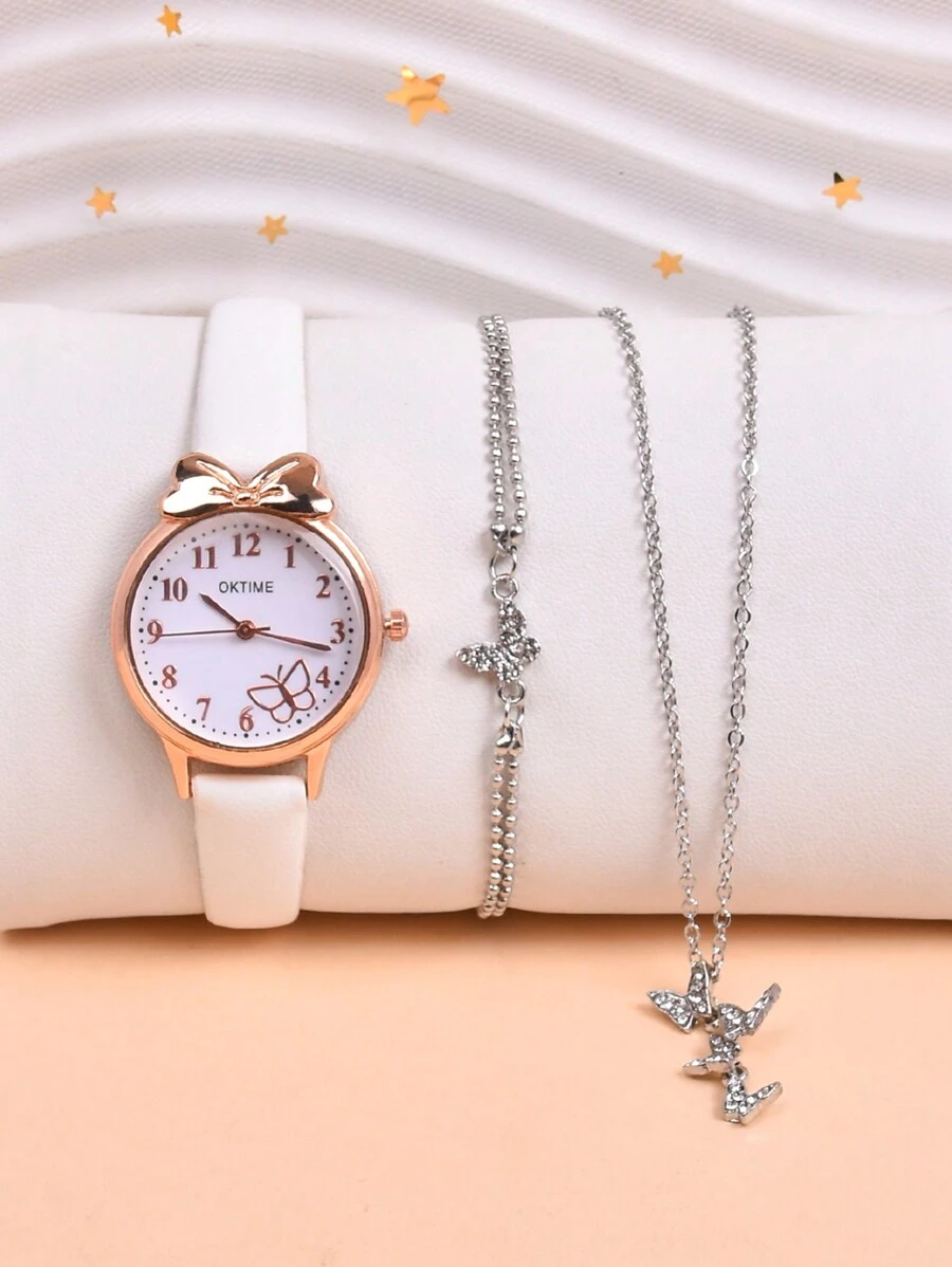 3入組粉色蝴蝶學生手表,女孩石英手腕表附手鍊和項鍊